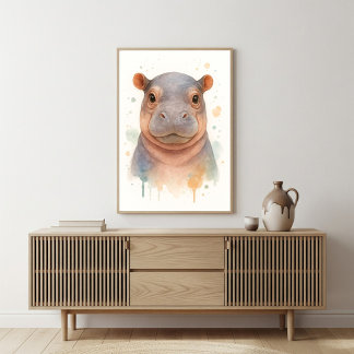 Poster Adorable Bébé Hippopotame Art Aquarelle