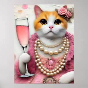 Poster Adorable Chat Rose Robe avec Perles avec Boire