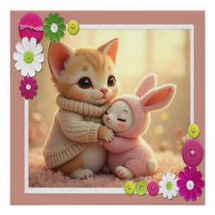 Poster adorable chaton et petit lapin,
