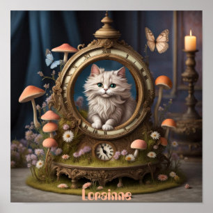 Poster adorable chatte peluche en horloge, champignons, m