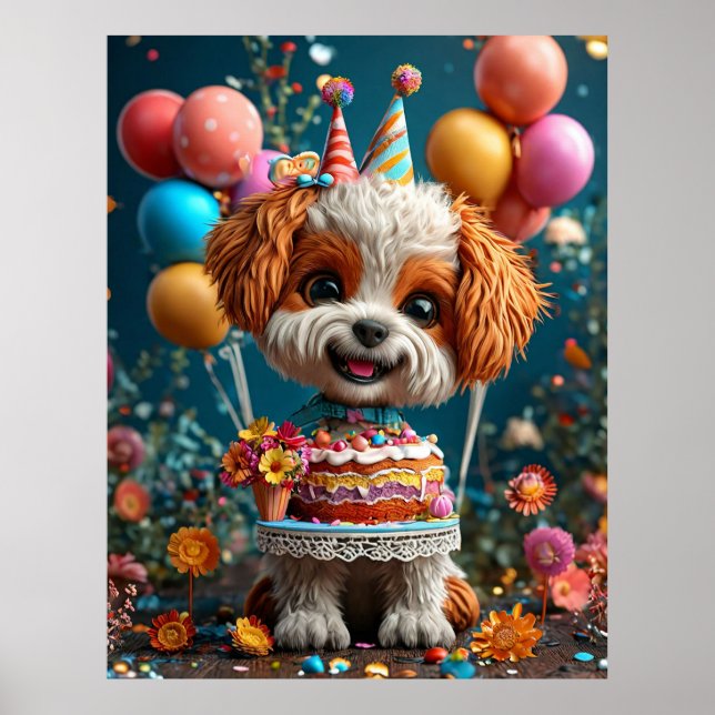 Poster Adorable chiot fête l'anniversaire (Devant)