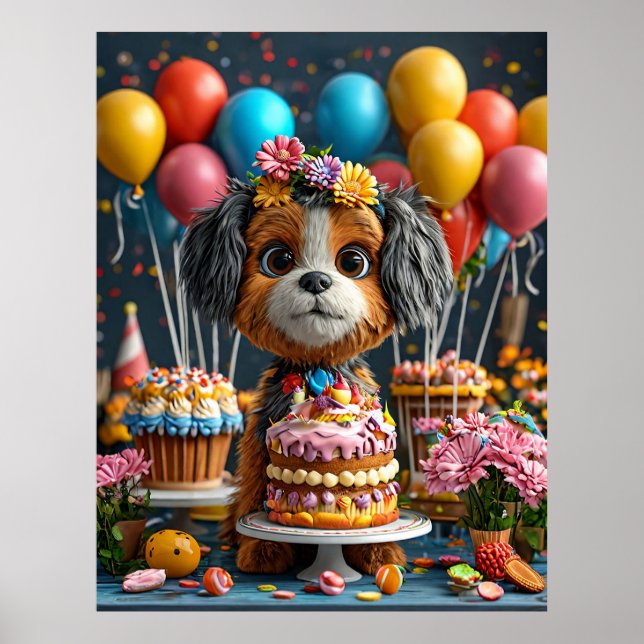 Poster Adorable chiot fête l'anniversaire (Devant)