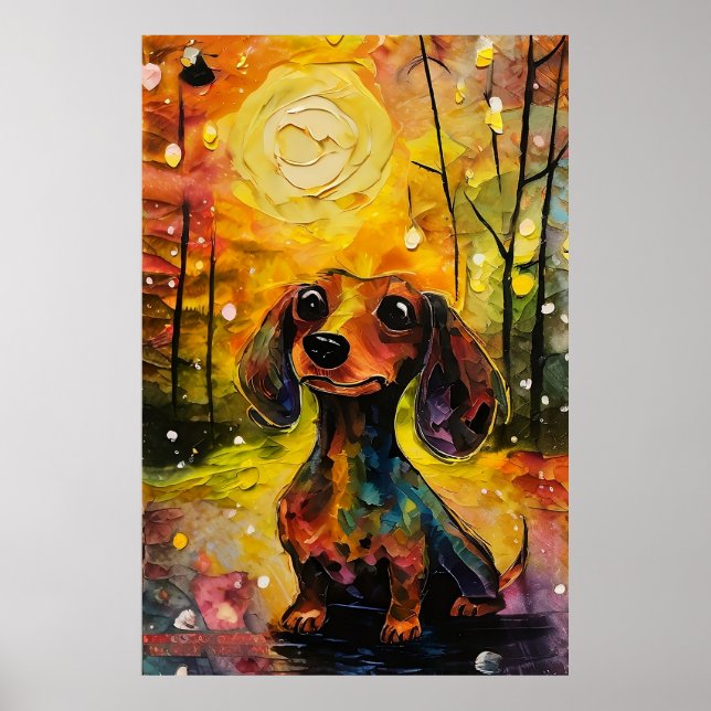 Poster Adorable chiot teckel fantaisiste dans la forêt (Devant)
