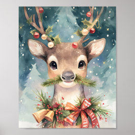 Poster Adorable Christmas Reindeer Watercolor Wall Decor