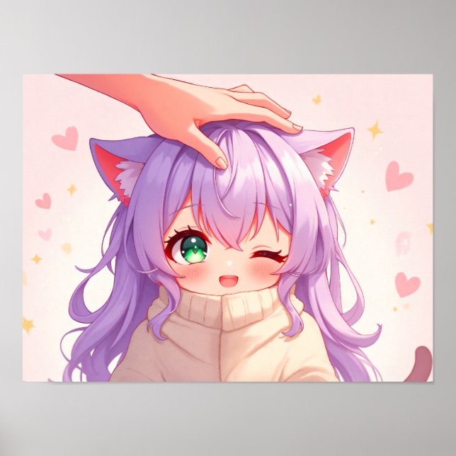Poster Adorable fille au chat avec les cheveux Pastel (Devant)