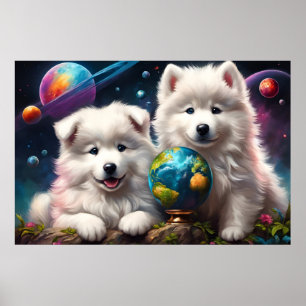 Poster Adorable Fluffy Samoyé Puppies, Paix sur Terre