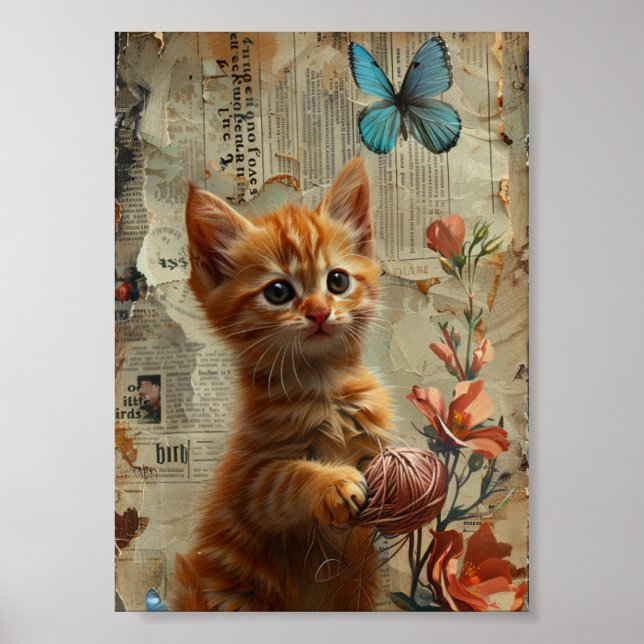 Poster Adorable Ginger Kitten Avec papillon bleu Fil (Devant)