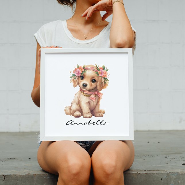 Poster Adorable Golden Retriever Puppy Floral (Golden Retriever Puppy Poster with Custom Name - Adorable Dog Lover Nursery Art)