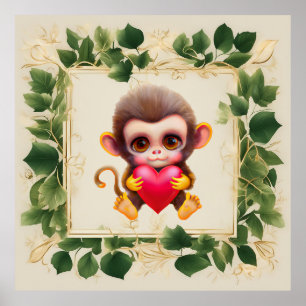 Poster Adorable Jungle Saint-Valentin Singe