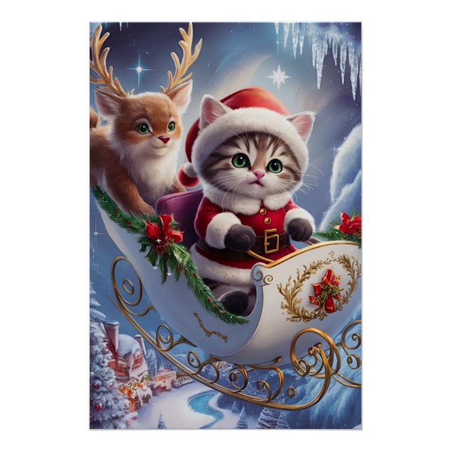 Poster Adorable Maine Coon Santa Claus Kitten à Enchante (Devant)