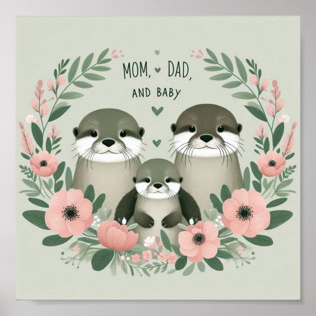 Poster Adorable Otter Boho maman papa et bébé (Devant)