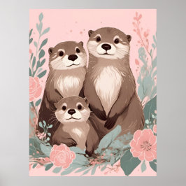 Poster Adorable Otter Boho rose Rose Maman Papa et bébé