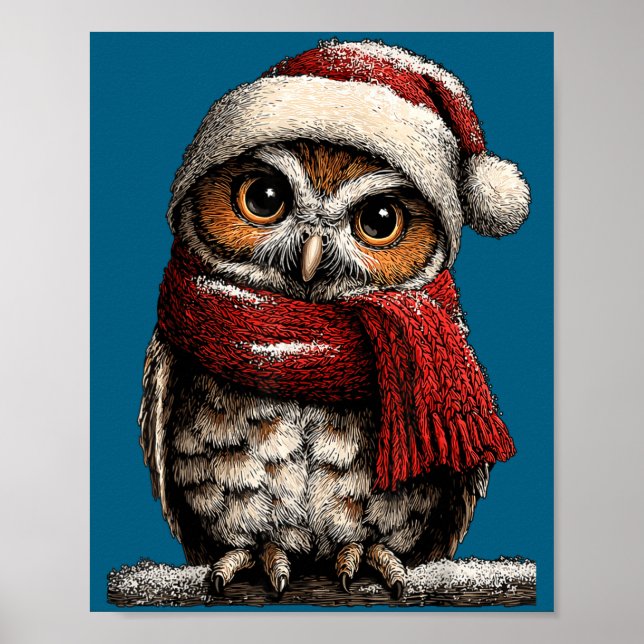 Poster Adorable Owl With Santa Hat Snowy Winter Christmas (Devant)