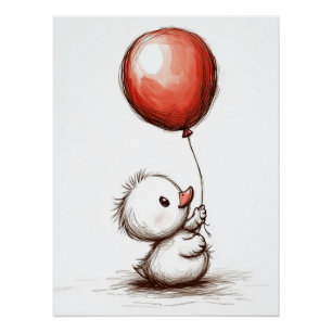 Poster Adorable petit canard duveteux avec ballon rouge