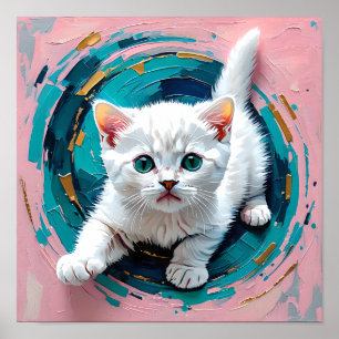 Poster Adorable petit chat blanc dans un tourbillon de sa