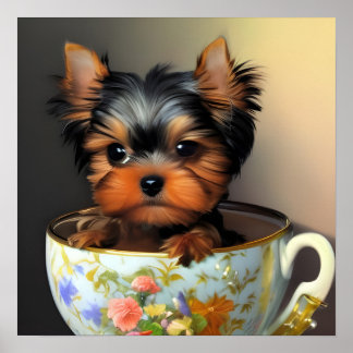 Poster Adorable Yorkie Dans Une Teacup Peinture Numérique