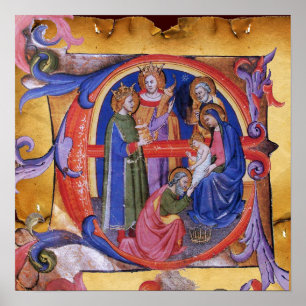 POSTER ADORATION DES MAGI NATIVITÉ PARCHEMIN MONOGRAMME