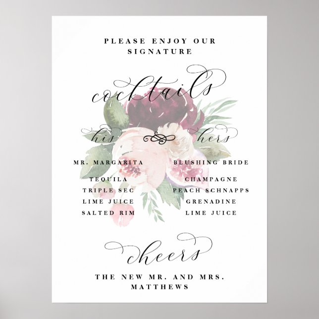 Poster Adore Floral Son & Ses Cocktails Bar Mariage Panne (Devant)