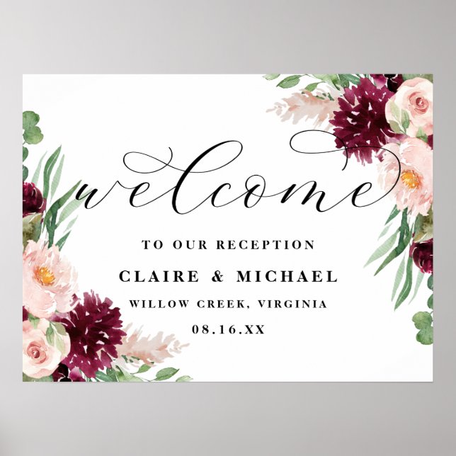 Poster Adore Welcome Chic Floral Script Mariage Signal (Devant)