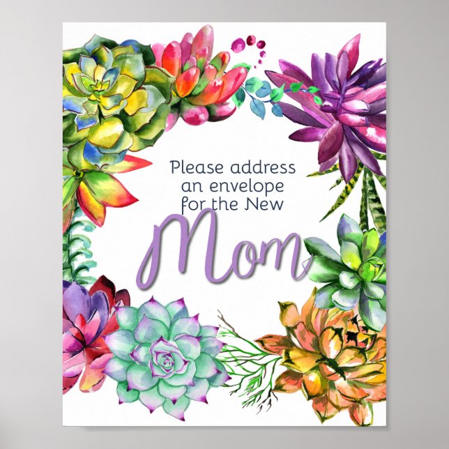 Poster Adresse Succulente et enveloppe Signe | BABY SHOWE (Devant)
