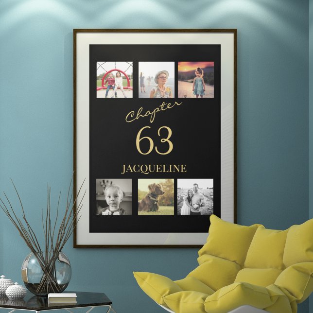 Poster Adulte Anniversaire 6 Photo Black Gold N'importe q (6 photo birthday poster in black and gold.)
