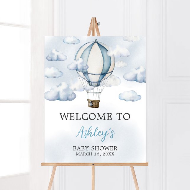Poster Adventure Await Hot Air Balloon Bienvenue (Adventure Awaits Baby Shower Welcome Sign)
