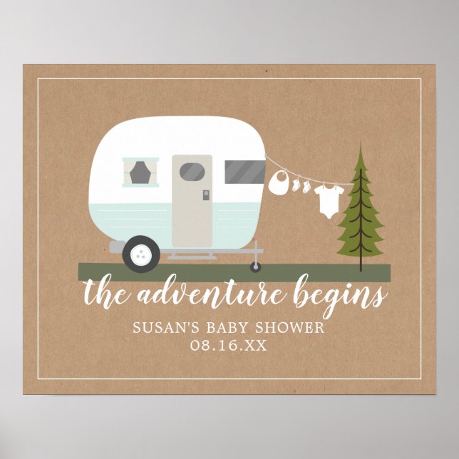 Poster Adventure Trailer Camper Blue Boy Baby shower (Devant)