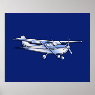 Poster Aéronef Chrome Cessna Silhouette Volant sur bleu