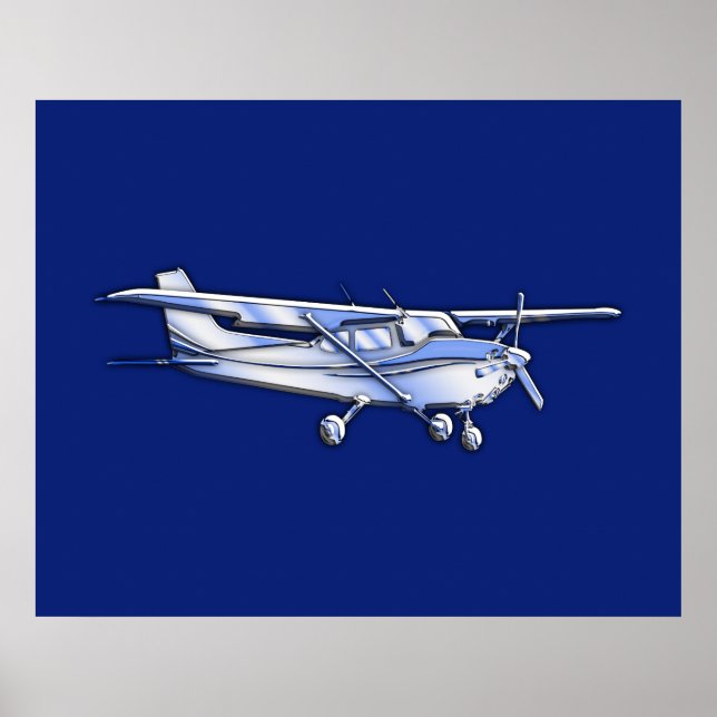 Poster Aéronef Chrome Cessna Silhouette Volant sur bleu (Devant)