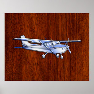 Poster Aéronef classique Chrome comme Cessna sur l'acajou