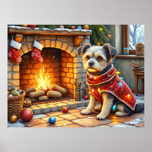 Poster Affenpinscher Sitting Fireplace Christmas Lights (Devant)