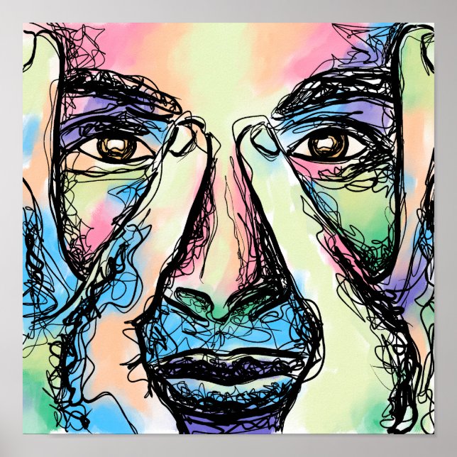 POSTER AFFICHAGE D'ART SCRIBBLE FACE RAINBOCE (Devant)