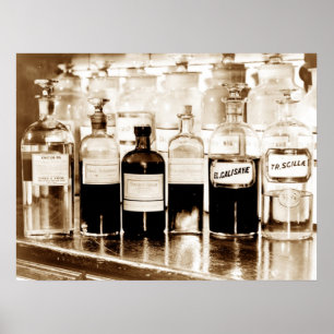 Poster Affichage de bouteilles apothécaires contenant des