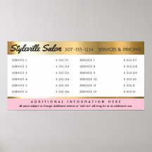 Affichage du prix du service de salon de coiffure 