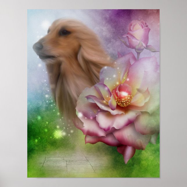 Poster Afghanistan Hound Face Imaginaire Fleurs Chien Art (Devant)