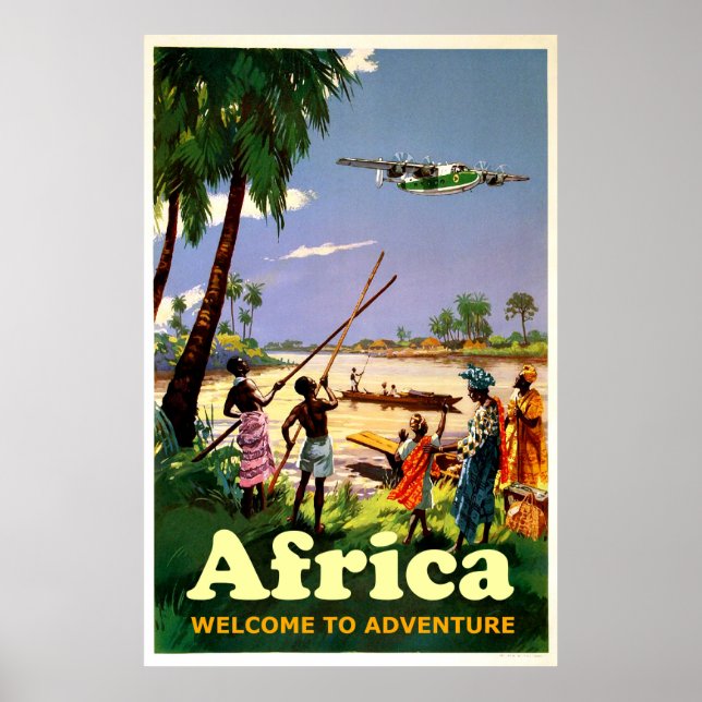 Poster Afrique, tribu africaine regardant un avion en app (Devant)