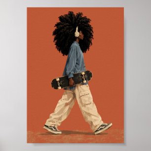 Poster Afro Girl Skateboard Streetwear Urban Fashion Blac