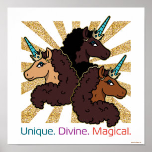 Poster Afro Unicorn Trio : Unique, Divine et Magique