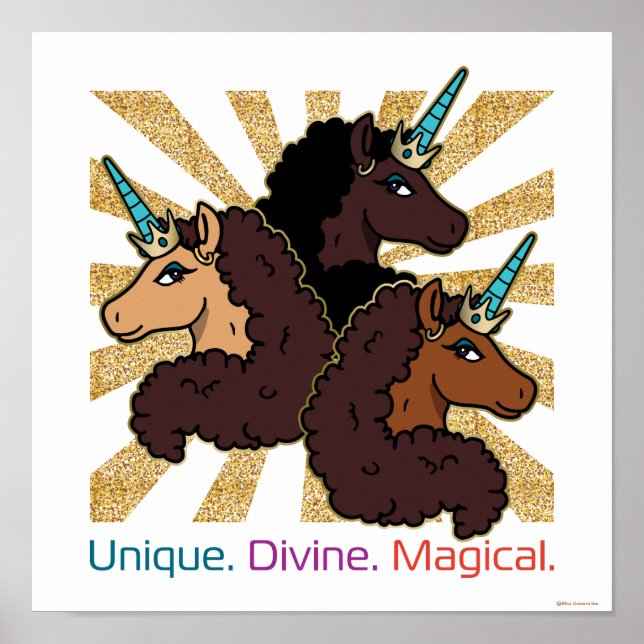 Poster Afro Unicorn Trio : Unique, Divine et Magique (Devant)