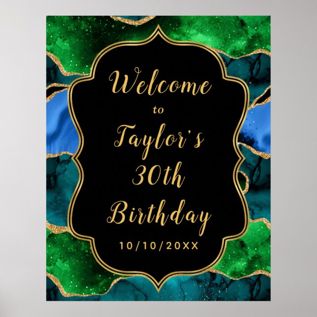 Poster Agate Peacock bleu et vert Anniversaire Bienvenue (Devant)