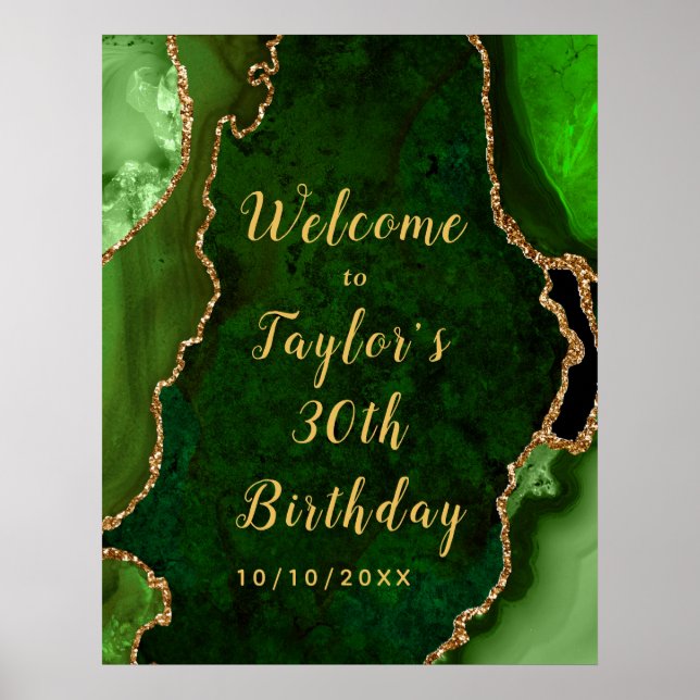 Poster Agate verte et or Accueil d'anniversaire (Devant)