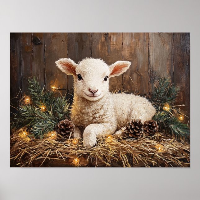 Poster Agneau de Noël mignon peinture rustique (Devant)