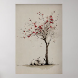 Poster Agneau un arbre en fleurs Imprimable Art, Minimali