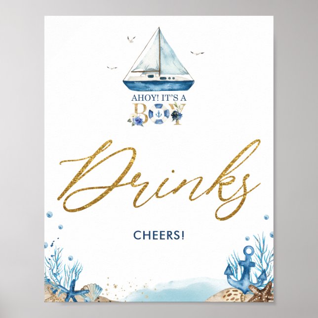 Poster Ahoy C'est un garçon Baby shower nautique Boissons (Devant)