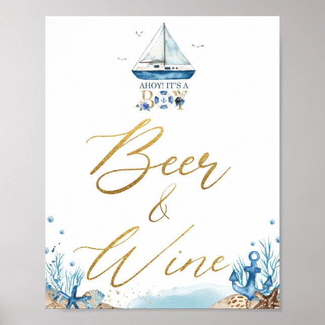 Poster Ahoy C'est un garçon Baby shower nautique Vin de b (Devant)
