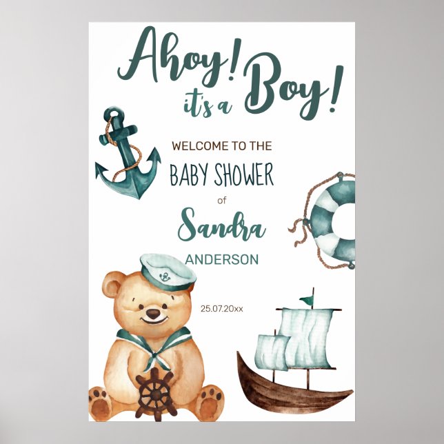 Poster Ahoy c'est un garçon en peluche baby shower bienve (Devant)
