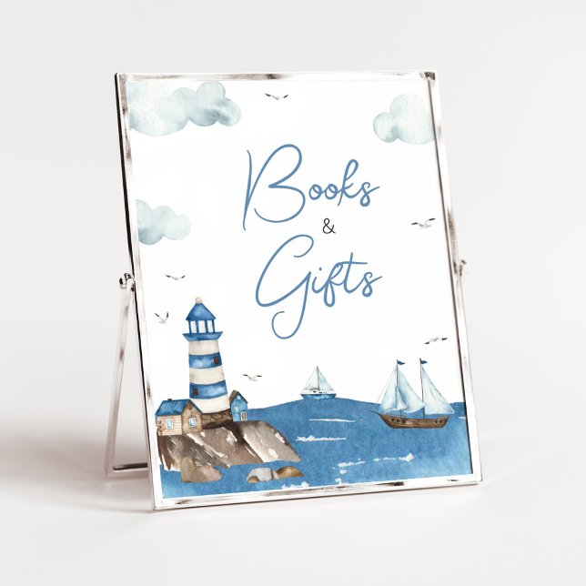 Poster Ahoy It’s A Boy Livres et cadeaux nautiques (Blue Boy Baby Shower Books and Gifts Sign)