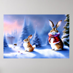 Poster AI Art Imaginaire Winterland avec de beaux lapins