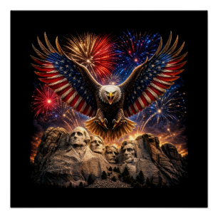 Poster Aigle chauve patriotique Mont Rushmore Feu d'artif