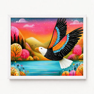 Poster Aigle chauve volant peinture florale rose orange